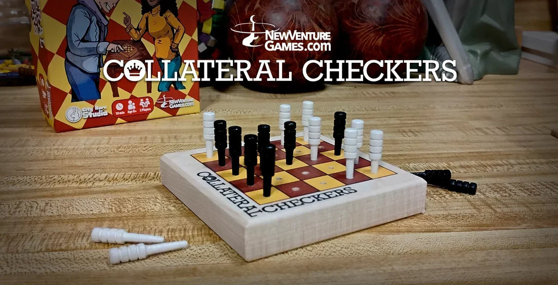 Collateral Checkers board with cribbage peg in play on a wood table top and the box in the background