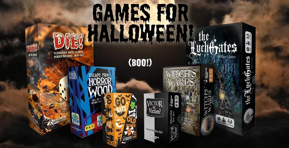 A grouping of 6 Halloween-themed games: DIE!, Victor of Victim, The Lychgates, Witches Wares, and a card game bundle of Go Bats! and Old Bones