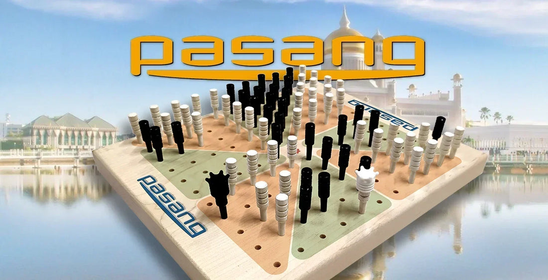 Image of a modern peg board version of Brunei national board game Pasang. The image of the wood board with black and white cribbage pegs is superimposed on a landscape of the capital of Bruneisimilar Malaysian game, Chuki or Juki