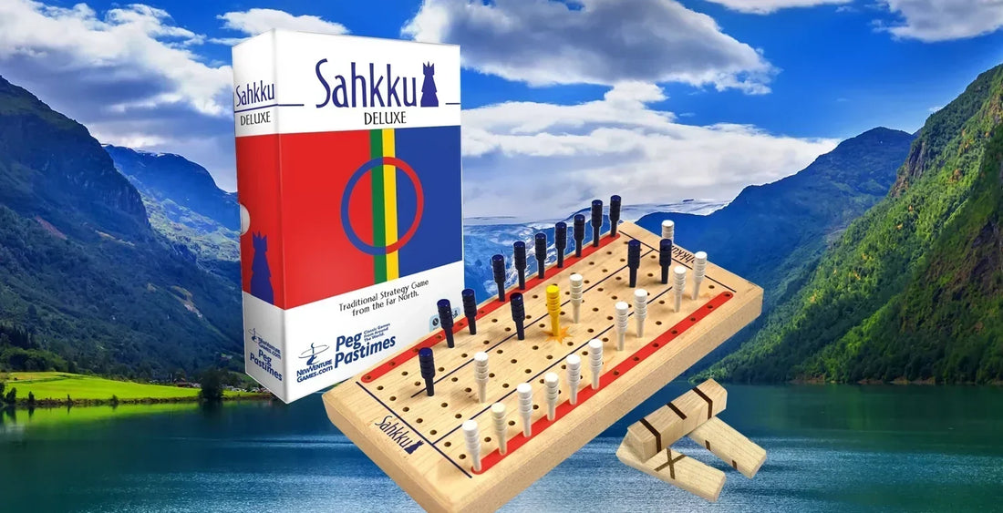 Sahhku box and board with pegs and dice against an alpine valley landscape