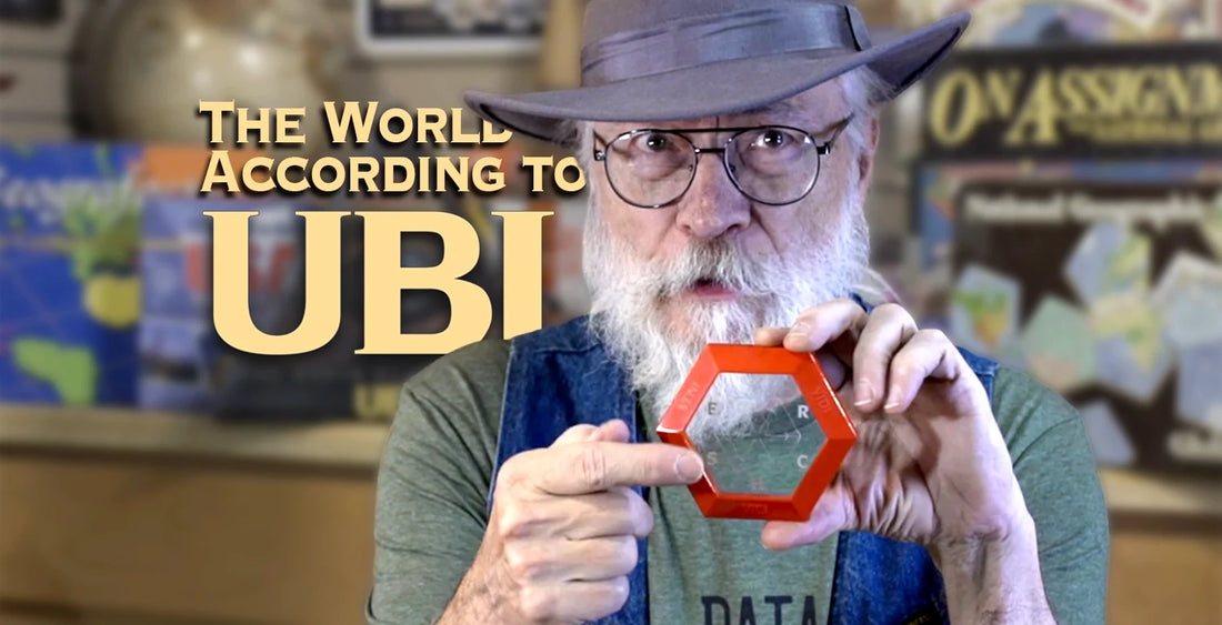 Image from video review of Ubi Geography Game showing David McCord with the clear hexagonal scoring device
