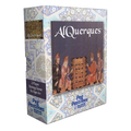 Alquerque board game box by Peg Pastimes, featuring a decorative blue and white tile pattern border, a dark central panel with illustrated figures, and the title 'Alquerque' in white script.