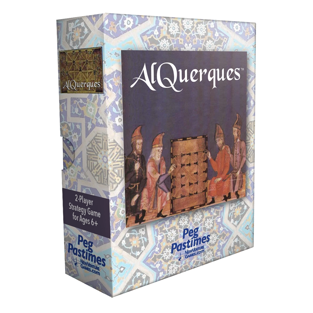 Alquerque board game box by Peg Pastimes, featuring a decorative blue and white tile pattern border, a dark central panel with illustrated figures, and the title 'Alquerque' in white script.