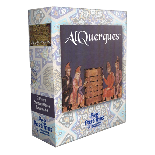 Alquerque board game box by Peg Pastimes, featuring a decorative blue and white tile pattern border, a dark central panel with illustrated figures, and the title 'Alquerque' in white script.