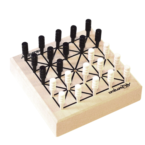 Close up image of Alquerques board game with black and white pegs in starting position