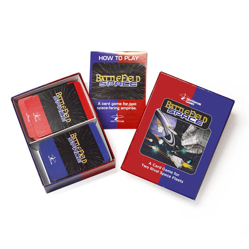 Battlebed Space card game set shown with the retail box, an open deck box revealing red and blue cards, and a how-to-play card on a white background.