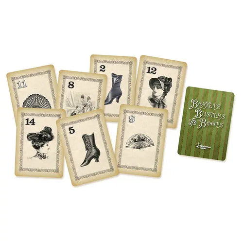 Close-up of the standard-size playing cards from Bonnets to Boots game