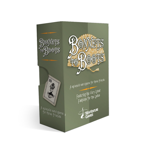 Bonnets to Boots tabletop card game box by NewVenture Games, shown at a three-quarter angle on a white background.
