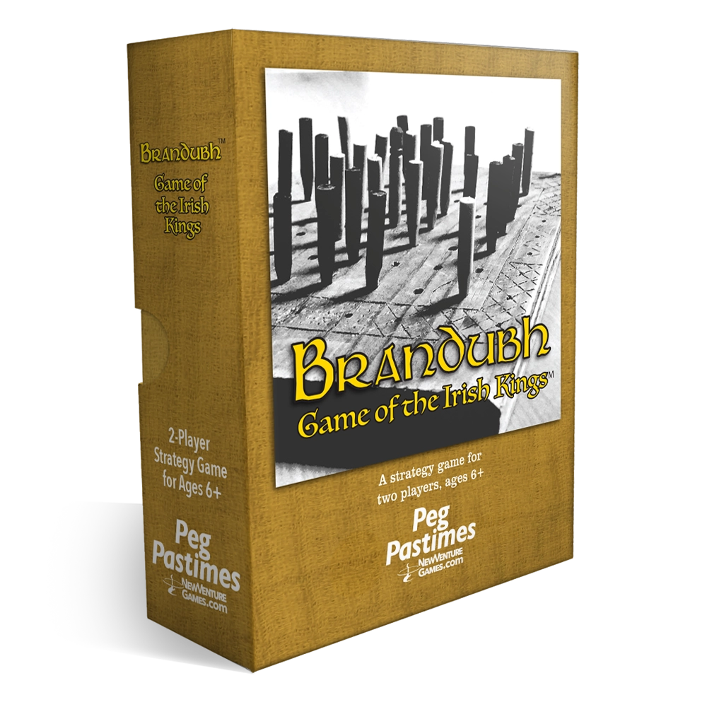 Box packaging for the board game Brandubh: Game of the Irish Kings by Peg Pastimes, shown at a three-quarter angle on a white background.