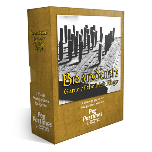 Box packaging for the board game Brandubh: Game of the Irish Kings by Peg Pastimes, shown at a three-quarter angle on a white background.
