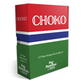 A 3D box mockup for the board game Choko by Peg Pastimes, featuring a bold red top half with white 'CHOKO' lettering, a blue stripe, and a green bottom half with white text.