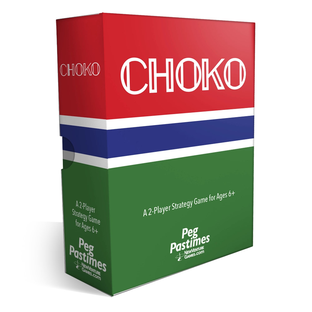 A 3D box mockup for the board game Choko by Peg Pastimes, featuring a bold red top half with white 'CHOKO' lettering, a blue stripe, and a green bottom half with white text.