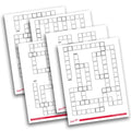 Four printed game boards or cards fanned out on a white background. The sheets are white with black grid lines and labels, plus a red brand line near the bottom.