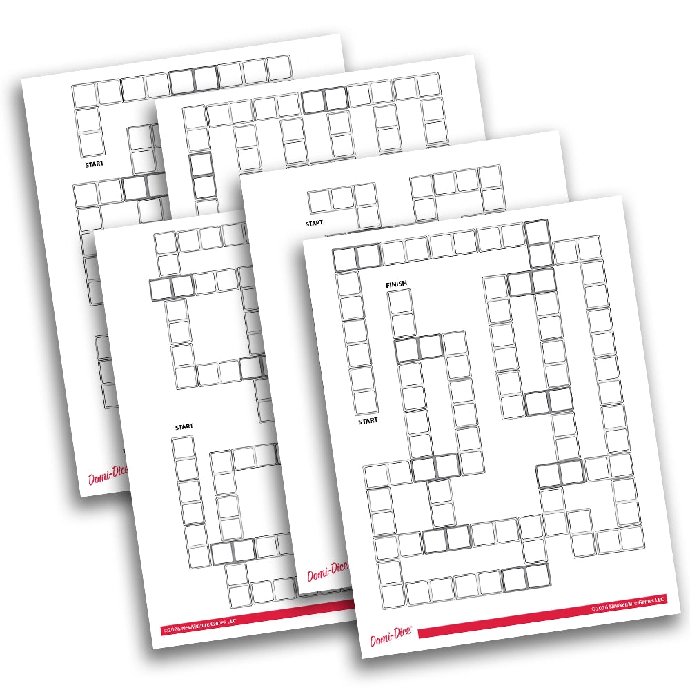 Four printed game boards or cards fanned out on a white background. The sheets are white with black grid lines and labels, plus a red brand line near the bottom.