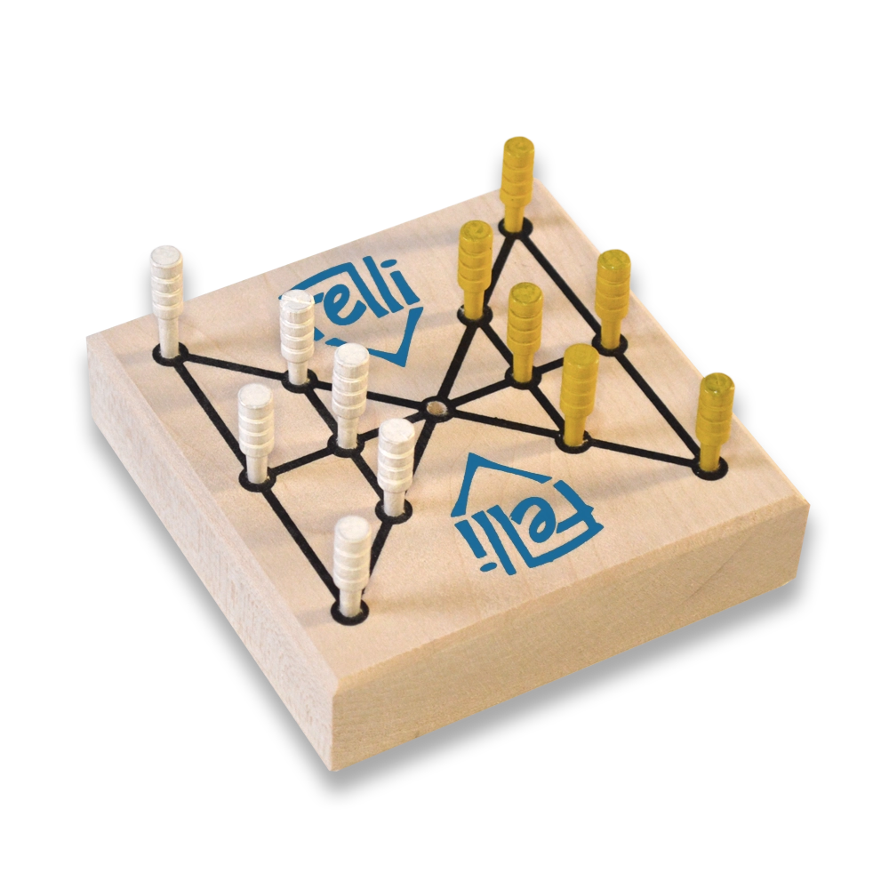 A wooden pegboard puzzle toy with black pegs connected in geometric lines, featuring two blue 'elli' logos on the front, shown on a white background.