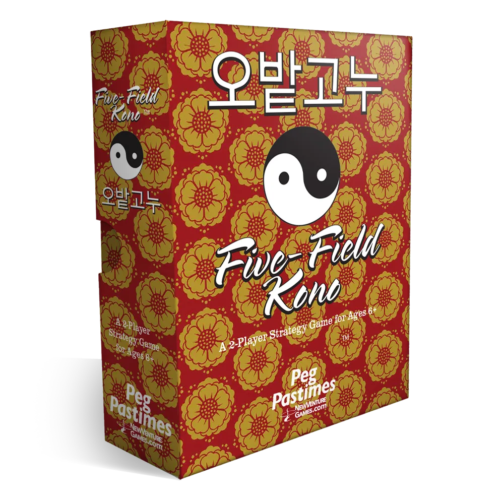 Five-Field Kono game box by Peg Pastimes, featuring a red and gold floral pattern with a black and white yin-yang symbol on the front, photographed on a white background.