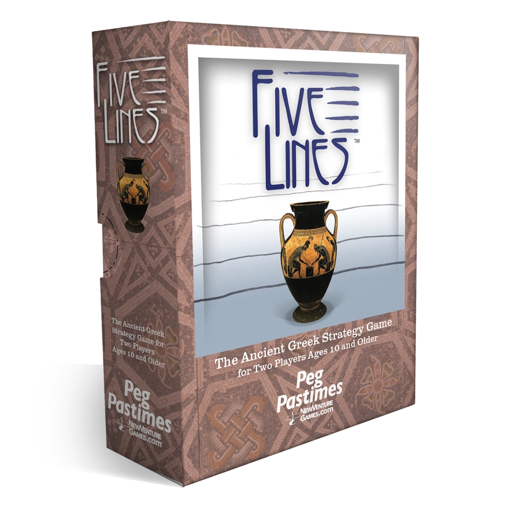 The Ancient Greek Strategy Game: Five Lines board game box by Peg Pastimes, featuring a brown patterned design with an illustration of an ancient Greek vase on the front.