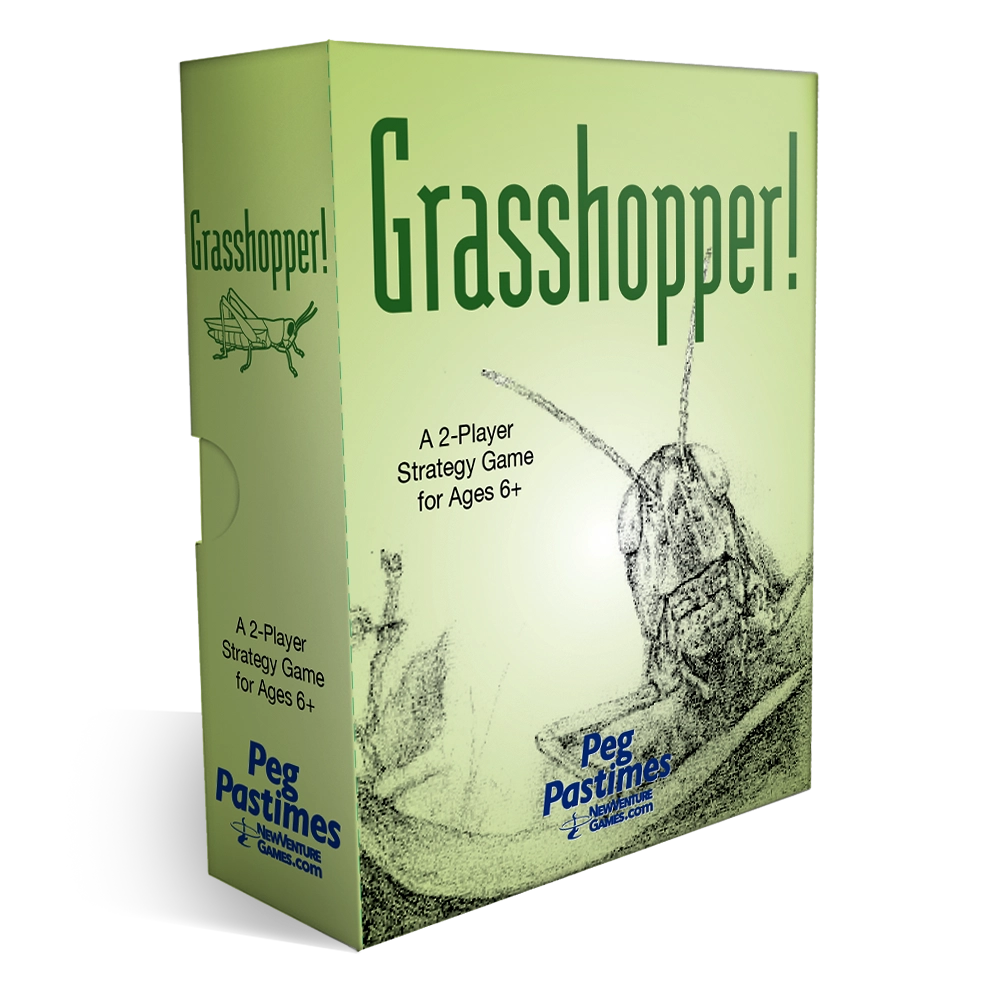 The product packaging for the board game 'Grasshopper!' by Peg Pastimes, featuring a light green box with a detailed black ink sketch of a grasshopper and blue brand text.