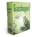 The product packaging for the board game 'Grasshopper!' by Peg Pastimes, featuring a light green box with a detailed black ink sketch of a grasshopper and blue brand text.