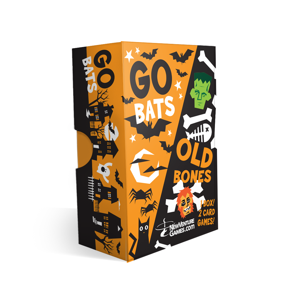 A boxed card game titled "Go Bats Old Bones" shown on a clean white background. The box is orange and black with Halloween-themed illustrations including bats, bones, a green monster face, and a cat silhouette.