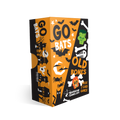 A boxed card game titled "Go Bats Old Bones" shown on a clean white background. The box is orange and black with Halloween-themed illustrations including bats, bones, a green monster face, and a cat silhouette.