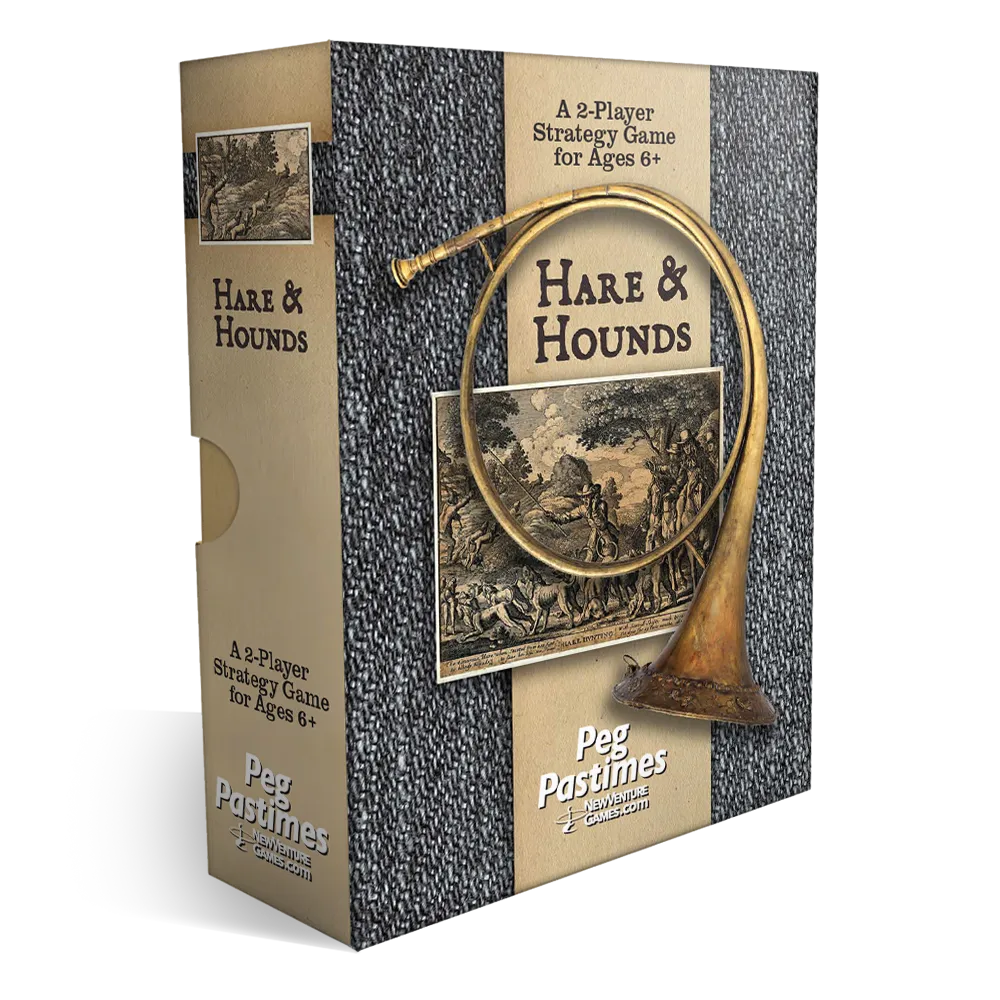 Hare & Hounds board game box by Peg Pastines, featuring a textured gray and black herringbone pattern, tan side panels, vintage-style illustrations, and a brass-colored horn graphic on the front.