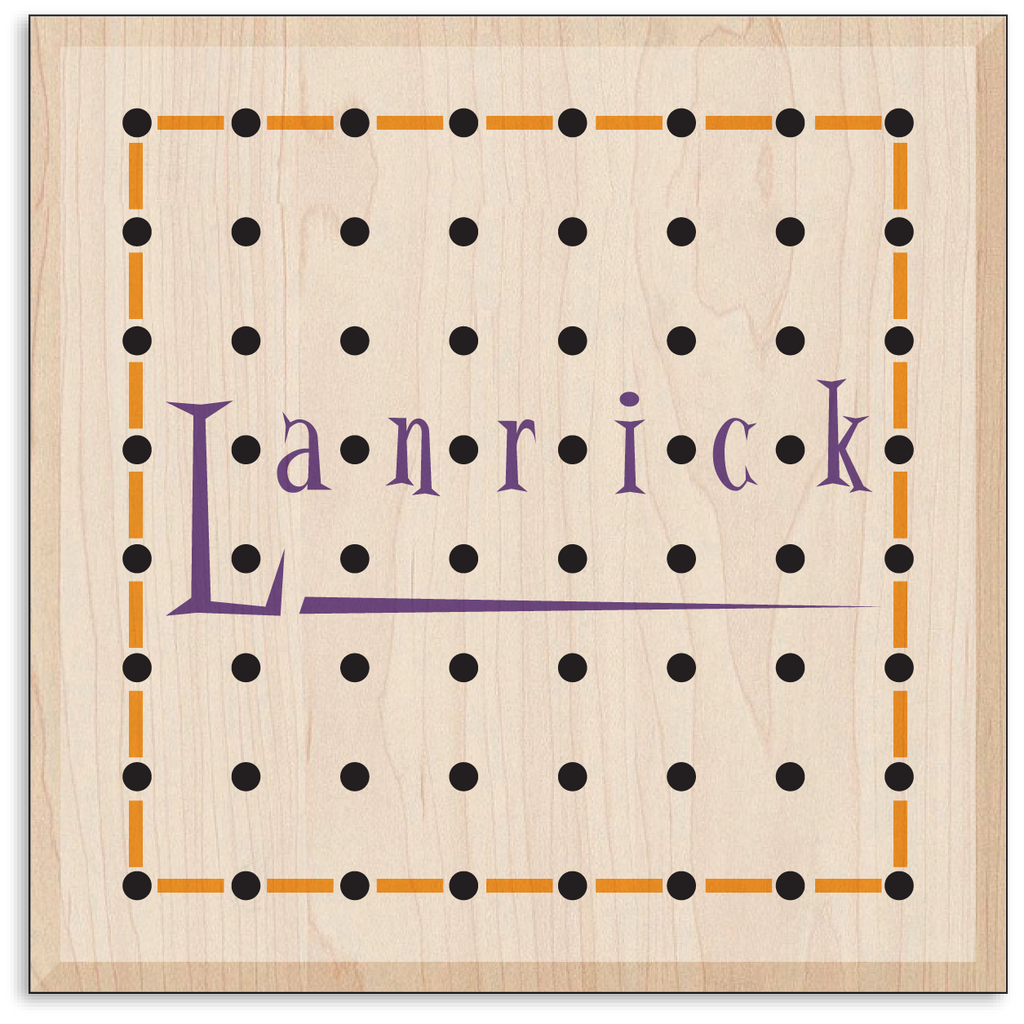 A square light wood plaque featuring a printed black dot grid with an orange dashed border, and the name 'Lanrick' in purple across the center.