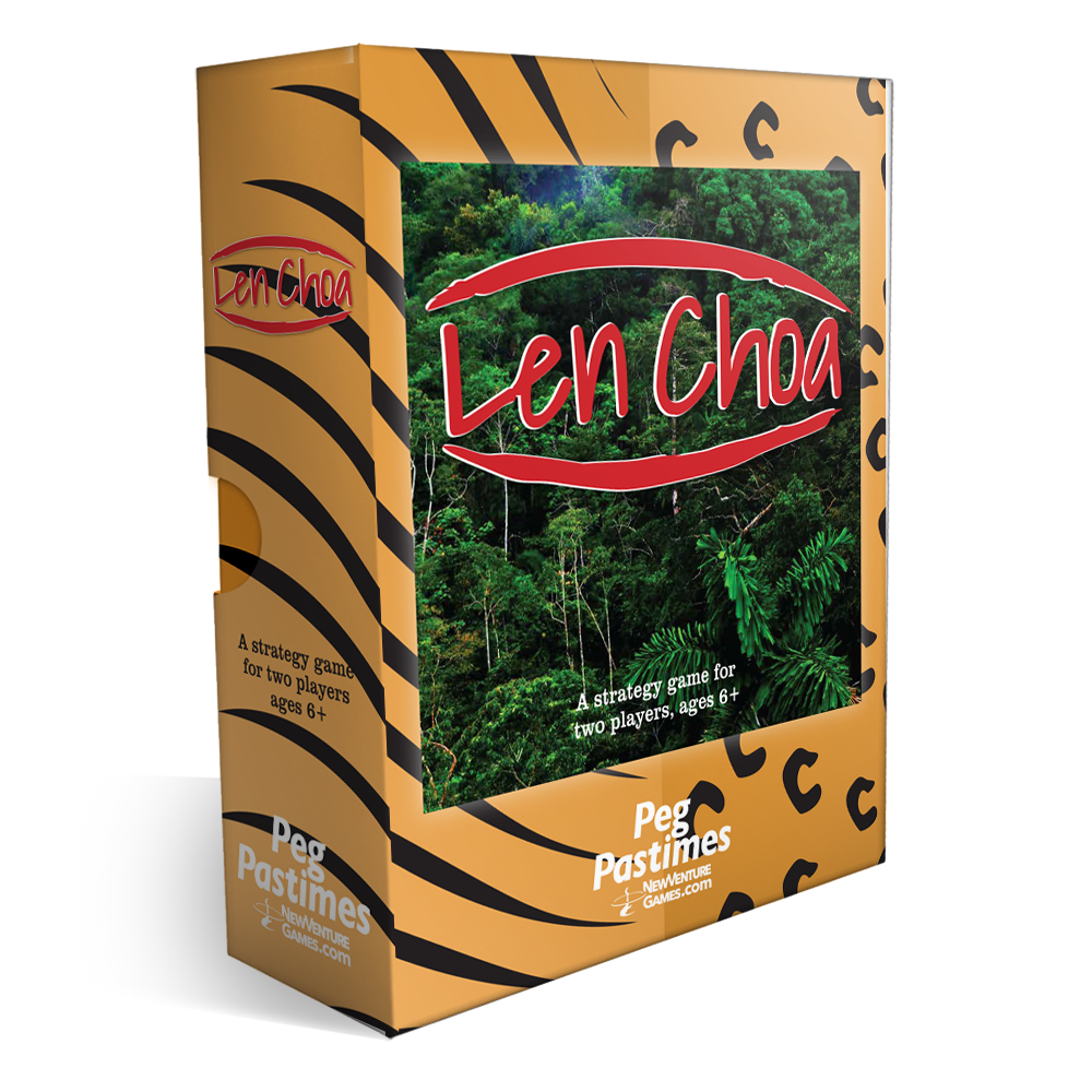 A boxed card game titled "Len Choa" shown at a slight angle on a white background. The box has a tan and black tiger-stripe pattern, a large forest photo on the front, and visible text including "Len Choa" and "Peg Pastimes".