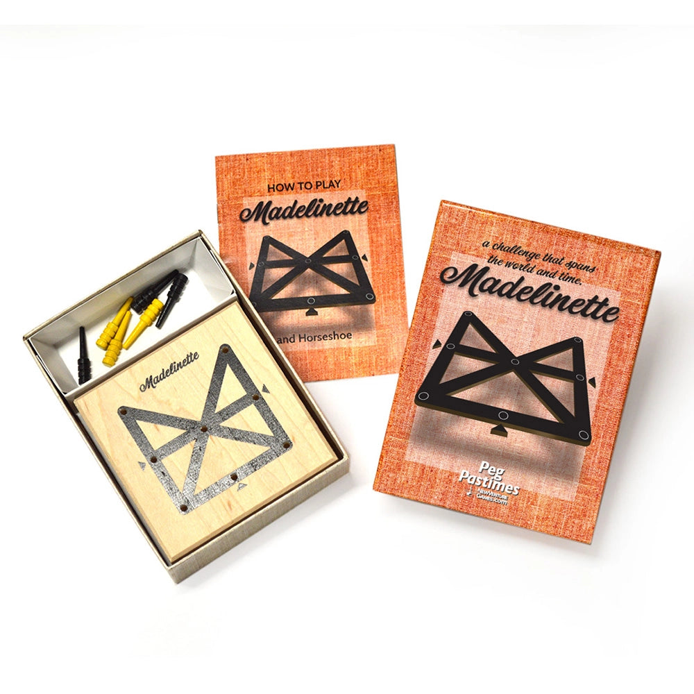 Open box of Madelinette travel game with solid wood board, pegs, rule booklet and box