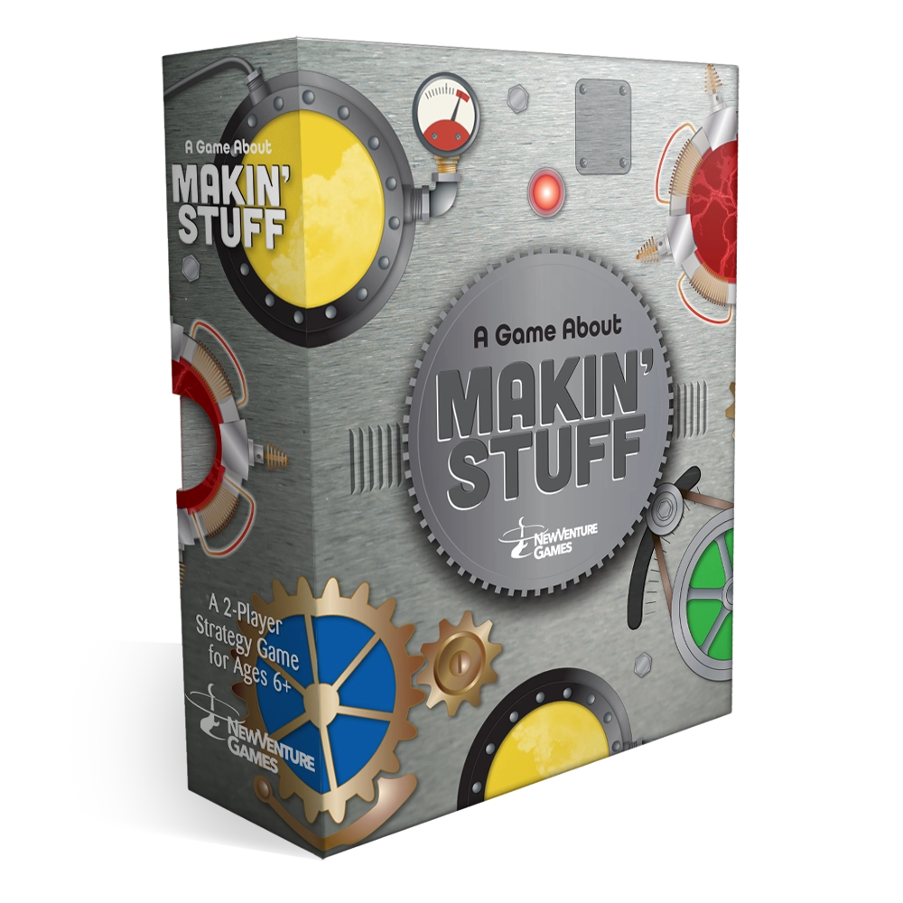 The packaging box for the board game 'Makin' Stuff' by NewVenture Games, featuring a metallic gray steampunk design with gears, dials, and colorful circular panels.