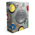 The packaging box for the board game 'Makin' Stuff' by NewVenture Games, featuring a metallic gray steampunk design with gears, dials, and colorful circular panels.