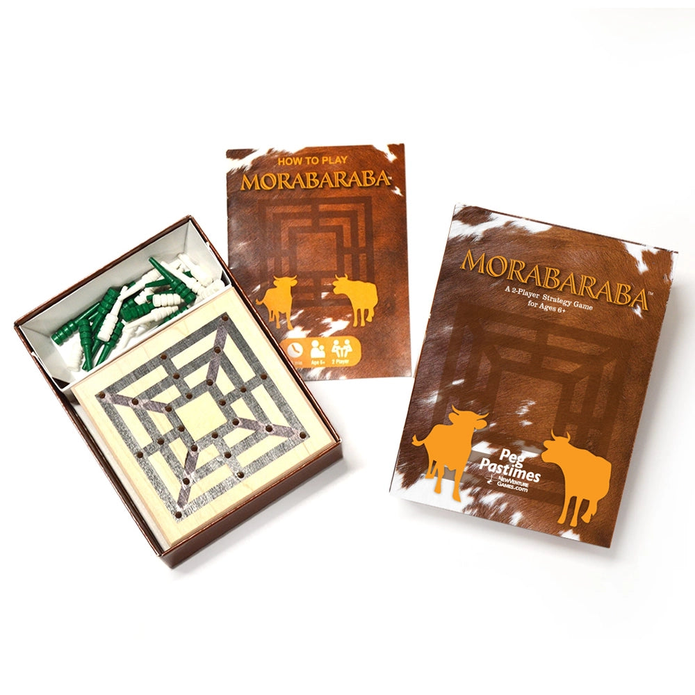 Image of open Morabaraba game showing the solid wood game board, green and white pegs, rules booklet and the box