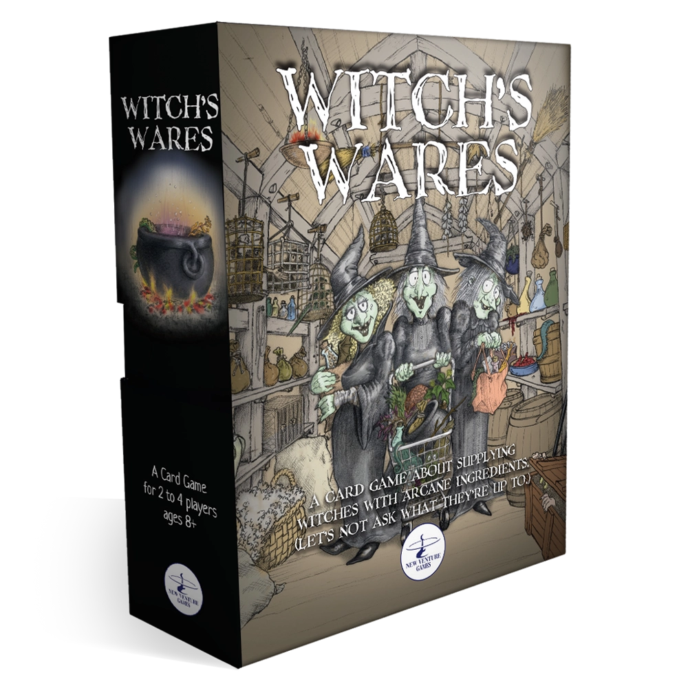 Witch's Wares card game box shown at a three-quarter angle on a white background. The box features a dark black spine and a detailed, sepia-toned front illustration of three witches in a shop.
