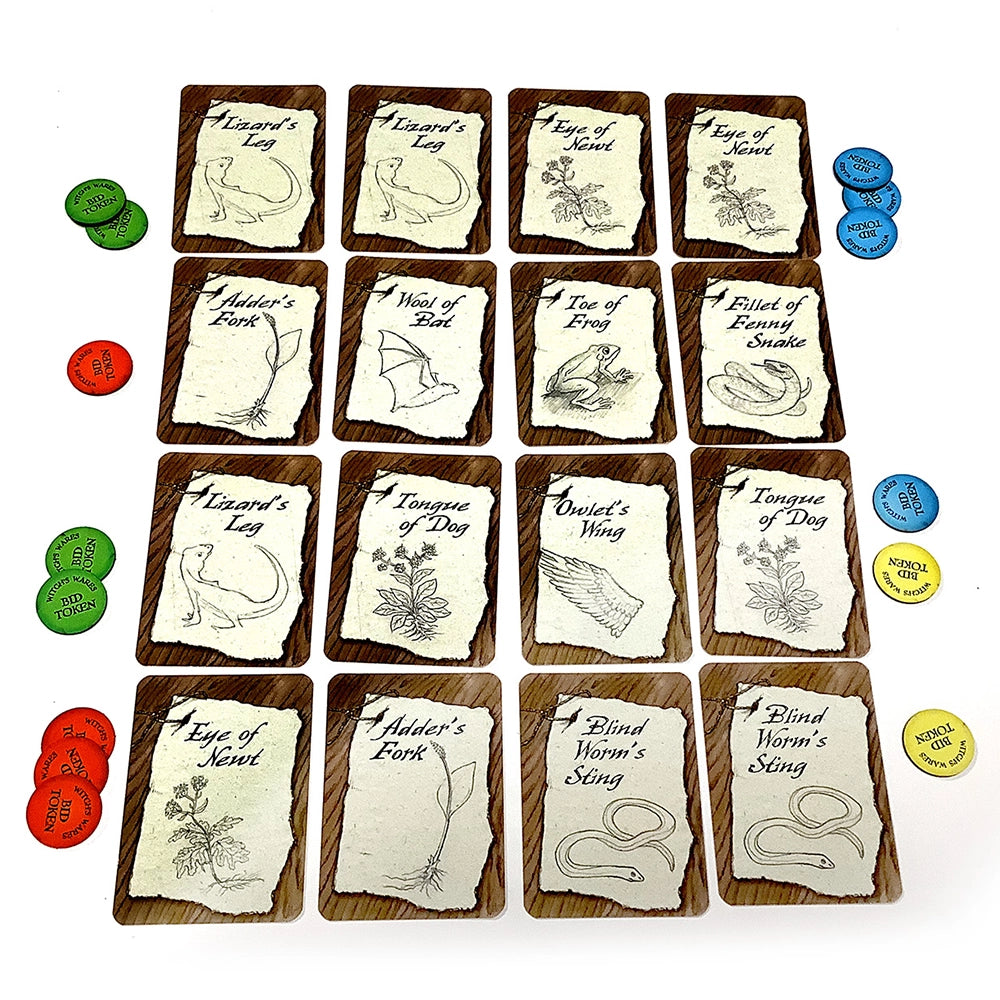 A board game setup featuring 15 animal-themed cards with illustrated snakes and text like 'Lizard's Leg' and 'Shooter's Bark,' arranged on a white background with colored game tokens around them.