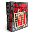Zombie Bingo game box with title in red lettering and white skulls along the border.  The center of the cover is the wood peg board.