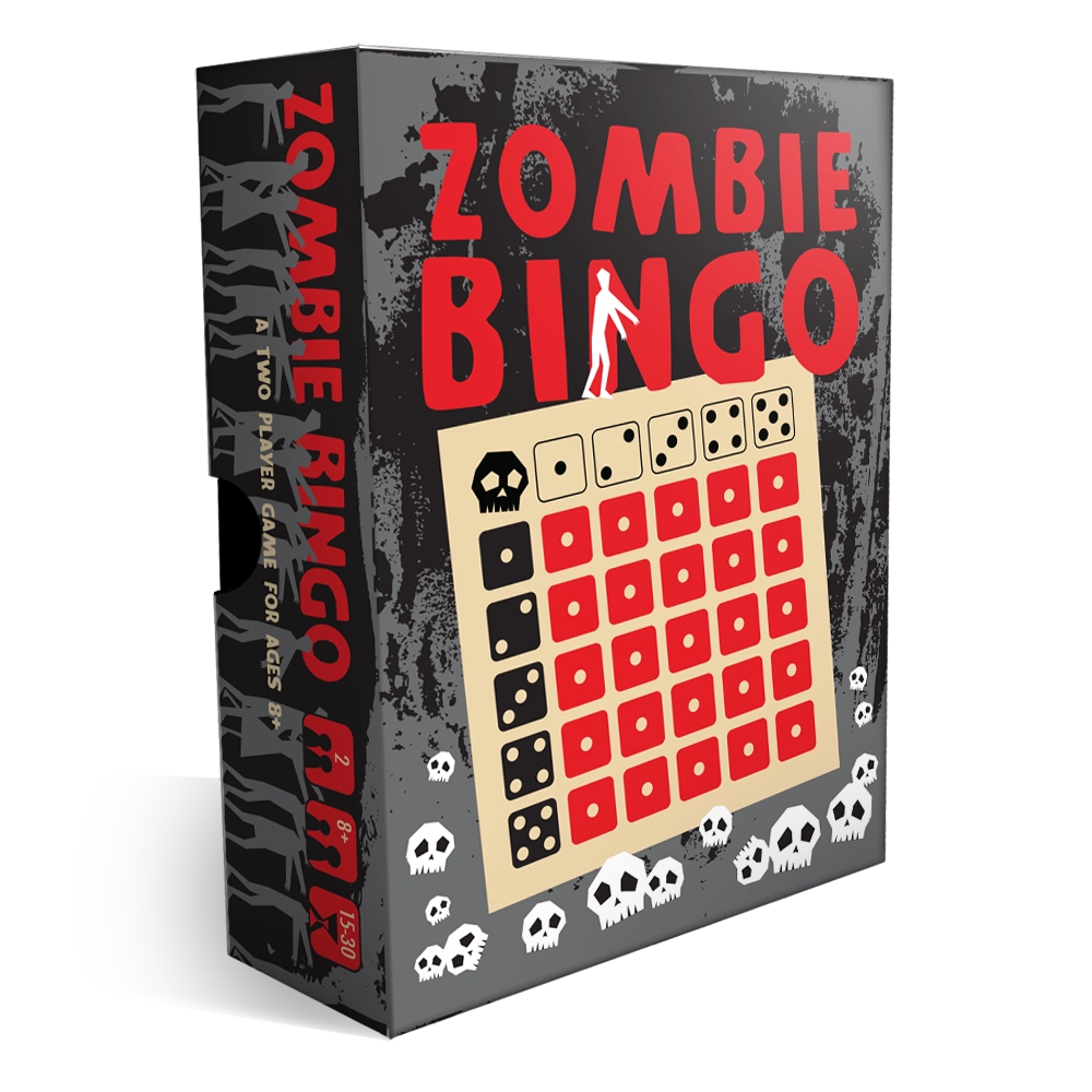 Zombie Bingo game box with title in red lettering and white skulls along the border.  The center of the cover is the wood peg board.